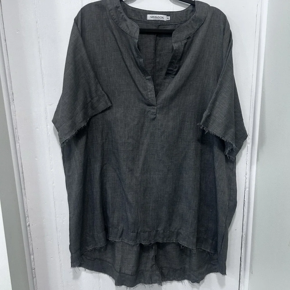 Mislook Gray Oversized Cotton Blend Short Sleeve Tunic Raw High Low Hem XL